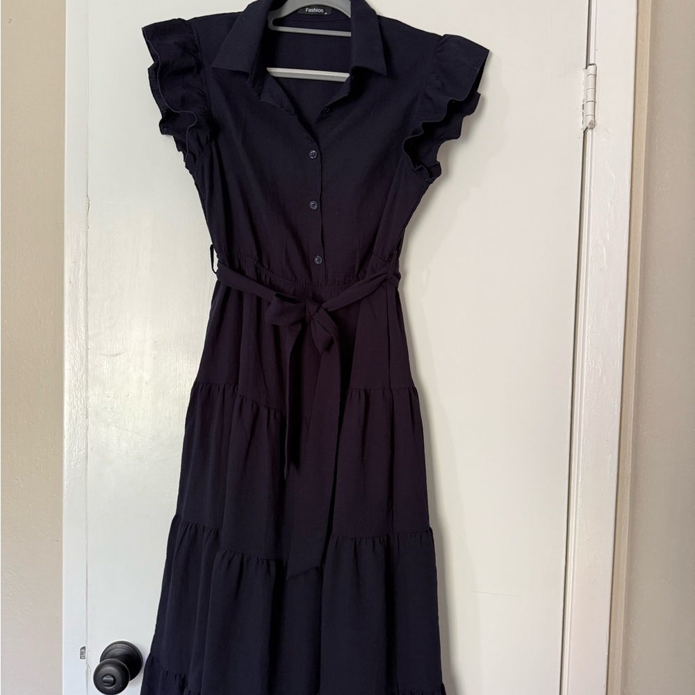 Navy Midi Dress with Ruffled Sleeves